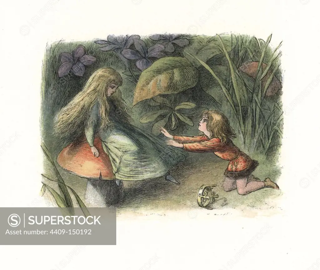 Elf prince rejected by a fairy on a toadstool. Handcoloured woodblock print by Edmund Evans after an illustration by Richard Doyle from In Fairyland, a series of Pictures from the Elf World, Longman, London, 1870.