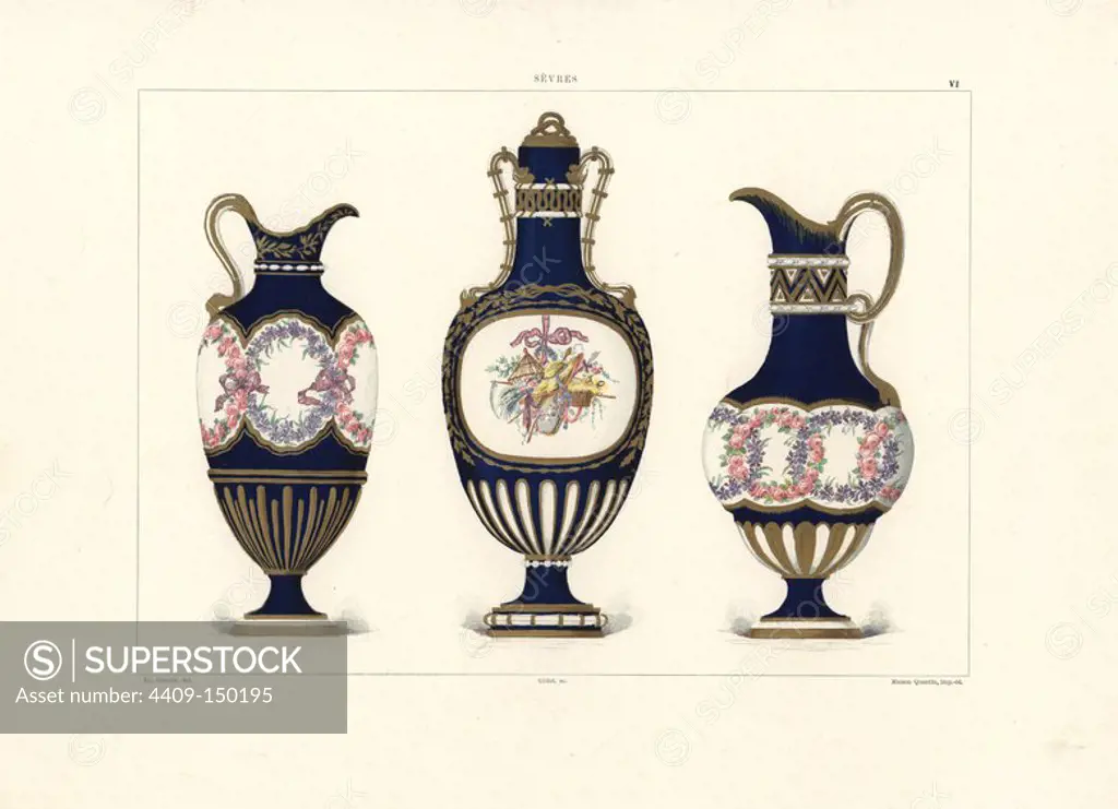 Fonds partiels (partial background) vases: aiguiere (ewer), bouteille (bottle) with rear side decorated with a pastoral scene and burette (pitcher). Chromolithograph by Gillot of an illustration by Edouard Garnier from The Soft Paste Porcelain of Sevres, Maison Quantin, Paris, 1891.