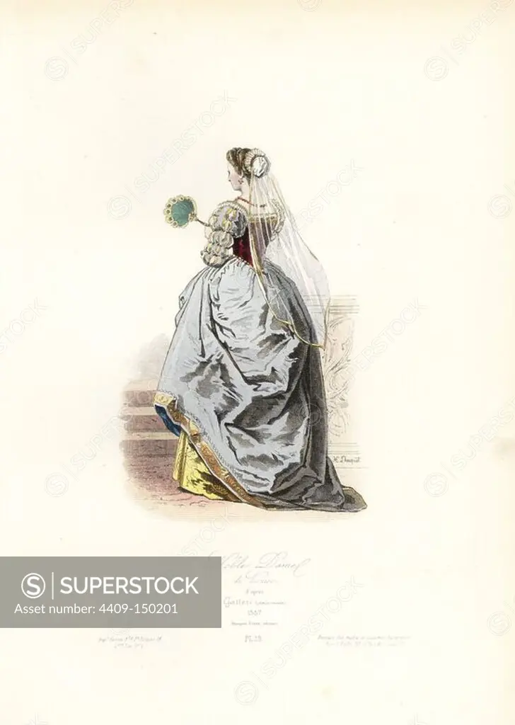 Noble woman of Venice, after Vittorio Gatteri, 1557. Handcoloured steel engraving by Hippolyte Pauquet from the Pauquet Brothers' "Modes et Costumes Etrangers Anciens et Modernes" (Foreign Fashions and Costumes Ancient and Modern), Paris, 1865. Hippolyte (b. 1797) and Polydor Pauquet (b. 1799) ran a successful publishing house in Paris in the 19th century, specializing in illustrated books on costume, birds, butterflies, anatomy and natural history.