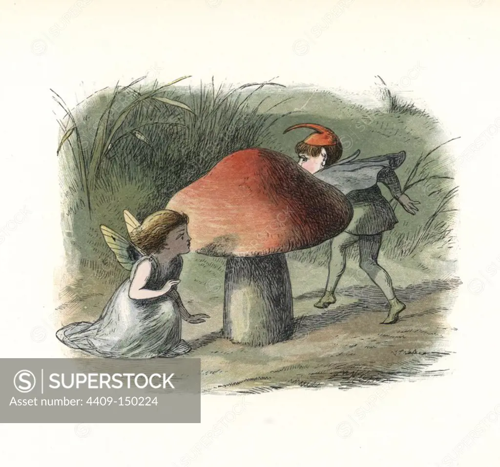 Fairy hiding from an elf behind a toadstool. Handcoloured woodblock print by Edmund Evans after an illustration by Richard Doyle from In Fairyland, a series of Pictures from the Elf World, Longman, London, 1870.