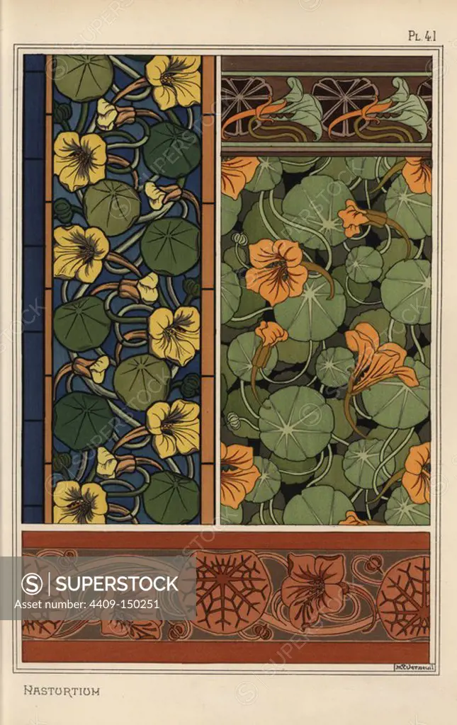 Nasturtium in art nouveau patterns for wallpaper, borders and stained glass. Lithograph by M. P. Verneuil with pochoir (stencil) handcoloring from Eugene Grasset's Plants and their Application to Ornament, Paris, 1897. Eugene Grasset (1841-1917) was a Swiss artist whose innovative designs inspired the art nouveau movement at the end of the 19th century.