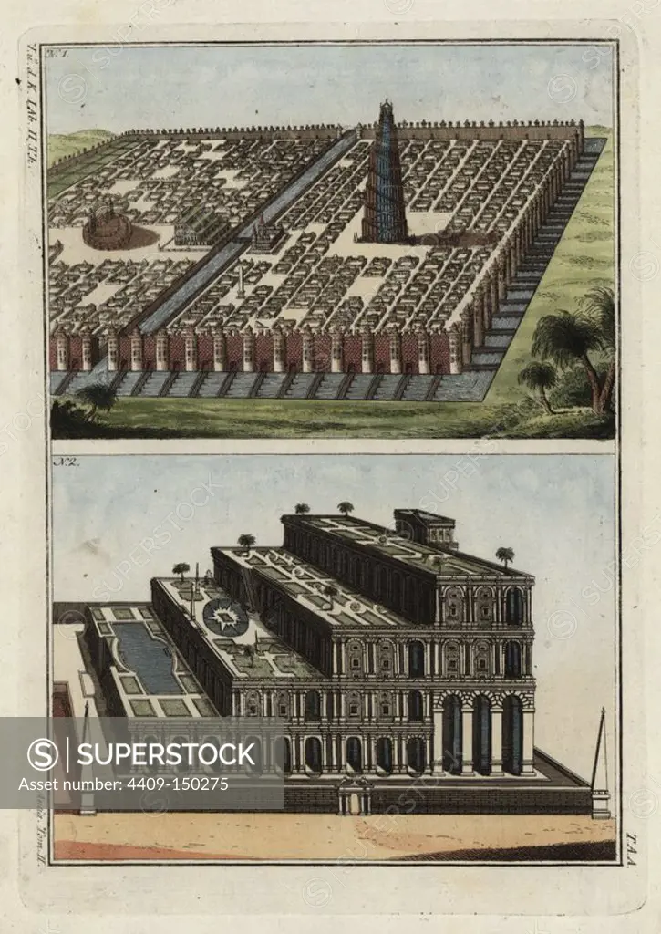 Babylon city and its hanging gardens. Handcolored copperplate engraving from Robert von Spalart's "Historical Picture of the Costumes of the Principal People of Antiquity and of the Middle Ages," Metz, 1810.