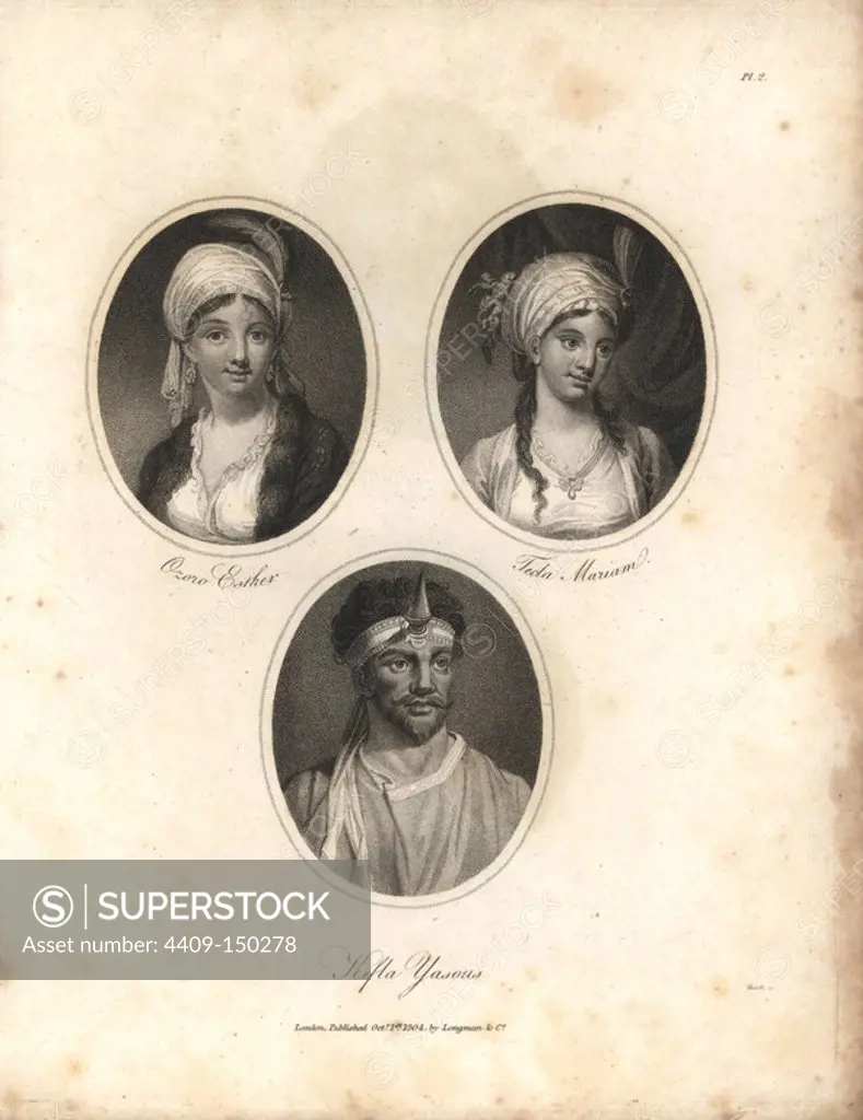 Portraits of Ozoro Esther, wife of Ras Michael, her daughter Tecla Mariam and chief Kefla Yasous of Abyssinia, in head ornament worn after the victory of all Kasmatis. Copperplate engraving from James Bruce's "Travels to Discover the Source of the Nile: in the Years 1768, 1769, 1770, 1771, 1772, and 1773," London, 1790. James Bruce (1730-1794) was a Scottish explorer and travel writer who spent more than 12 years in North Africa and Ethiopia. Illustration engraved by James Heath after an original drawing by Bruce.