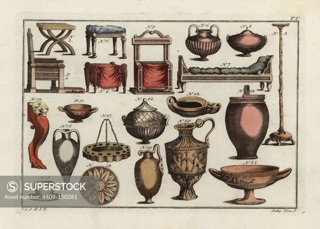 Jupiters throne (1), Greek chairs (2-4), Junos throne (5), Greek bed (7), candelabra (17), Greek table leg (10), Greek lamps and cup (11-15), Roman vases (16-21). Handcolored copperplate engraving from Robert von Spalart's "Historical Picture of the Costumes of the Principal People of Antiquity and of the Middle Ages," Metz, 1810.