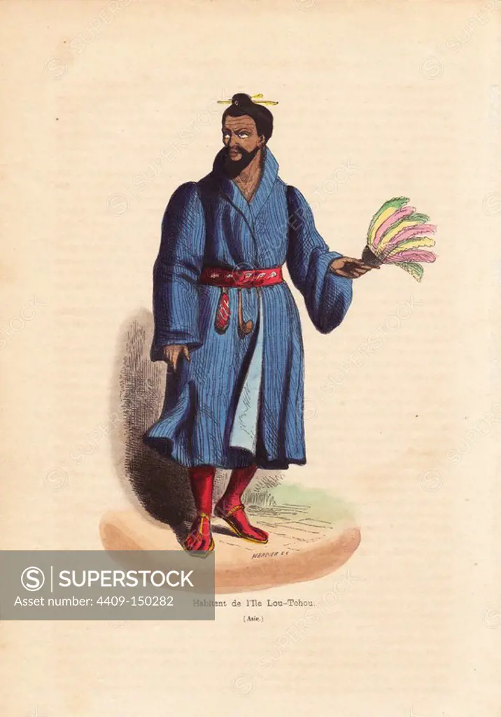 Man of the Lou-Tchou Islands (RyuKyu Islands or modern Okinawa). Handcoloured woodcut by Mercier from Auguste Wahlen's "Moeurs, Usages et Costumes de tous les Peuples du Monde," Librairie Historique-Artistique, Brussels, 1845. Wahlen was the pseudonym of Jean-Francois-Nicolas Loumyer (1801-1875), a writer and archivist with the Heraldic Department of Belgium.