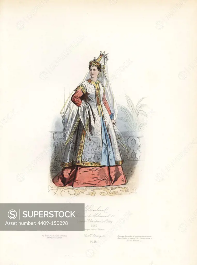 Roxelana, wife of Sultan Suleiman II the Magnificent, after Theodore de Bry, 1557. Handcoloured steel engraving by Polydor Pauquet from the Pauquet Brothers' "Modes et Costumes Etrangers Anciens et Modernes" (Foreign Fashions and Costumes Ancient and Modern), Paris, 1865. Hippolyte (b. 1797) and Polydor Pauquet (b. 1799) ran a successful publishing house in Paris in the 19th century, specializing in illustrated books on costume, birds, butterflies, anatomy and natural history.