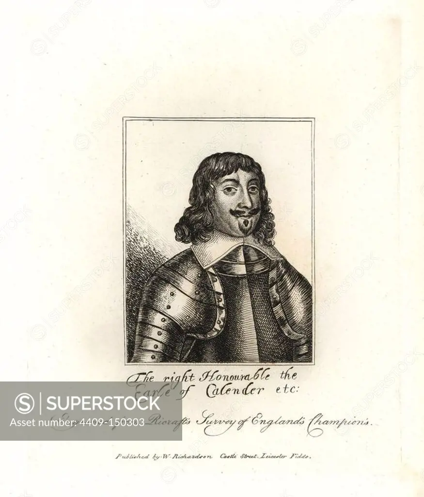 James Livingston, Earl of Callendar, Lieutenant-General in the Royalist Army, died 1672. From a portrait in Ricraft's "Survey of England's Champions." Copperplate engraving from Richardson's "Portraits illustrating Granger's Biographical History of England," London, 17921812. Published by William Richardson, printseller, London. James Granger (17231776) was an English clergyman, biographer, and print collector.