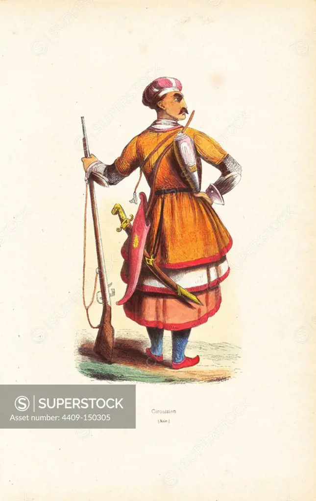 Circassian man in hat, tunic over skirts, carrying a musket, bow in case, curved sword and powder horn. Handcoloured woodcut from Auguste Wahlen's "Moeurs, Usages et Costumes de tous les Peuples du Monde," Librairie Historique-Artistique, Brussels, 1845. Wahlen was the pseudonym of Jean-Francois-Nicolas Loumyer (1801-1875), a writer and archivist with the Heraldic Department of Belgium.
