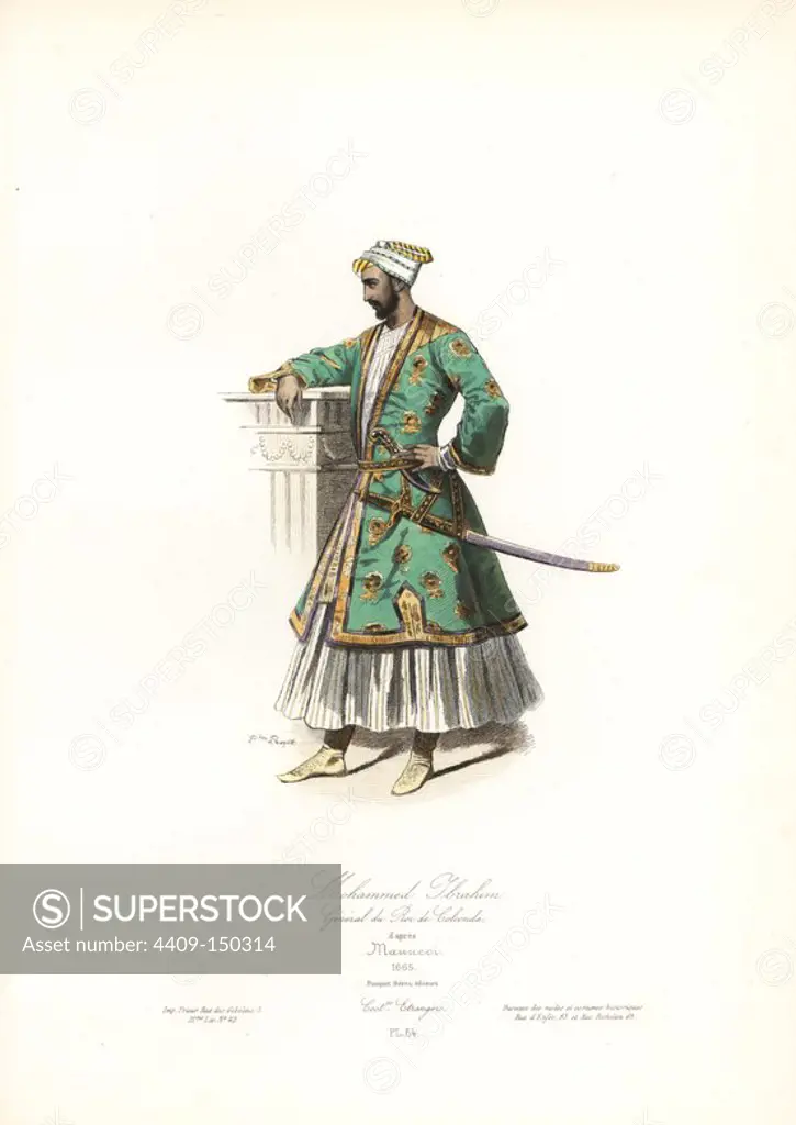 Mohammed Ibrahim, General of the King of Golconda, 17th century, after Niccolao Manucci. Handcoloured steel engraving by Polydor Pauquet from the Pauquet Brothers' "Modes et Costumes Etrangers Anciens et Modernes" (Foreign Fashions and Costumes Ancient and Modern), Paris, 1865. Hippolyte (b. 1797) and Polydor Pauquet (b. 1799) ran a successful publishing house in Paris in the 19th century, specializing in illustrated books on costume, birds, butterflies, anatomy and natural history.