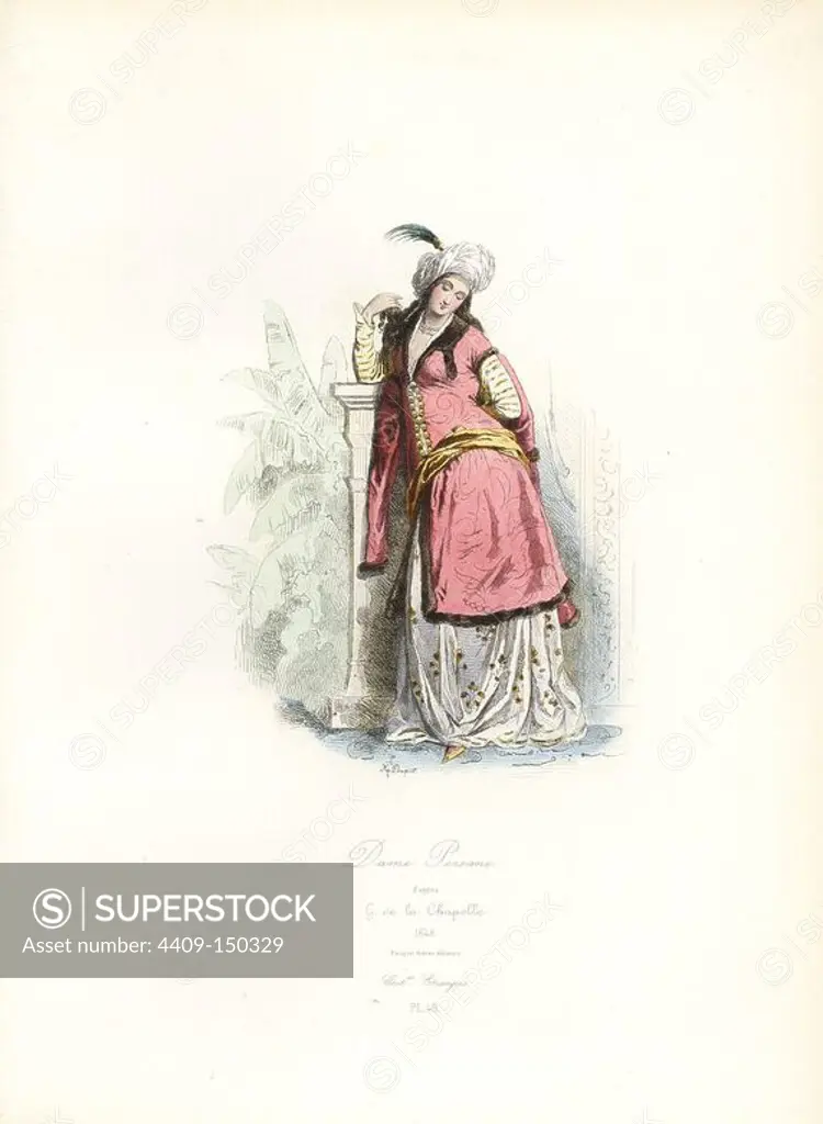 Persian woman, 17th century, after Georges de la Chapelle. Handcoloured steel engraving by Hippolyte Pauquet from the Pauquet Brothers' "Modes et Costumes Etrangers Anciens et Modernes" (Foreign Fashions and Costumes Ancient and Modern), Paris, 1865. Hippolyte (b. 1797) and Polydor Pauquet (b. 1799) ran a successful publishing house in Paris in the 19th century, specializing in illustrated books on costume, birds, butterflies, anatomy and natural history.