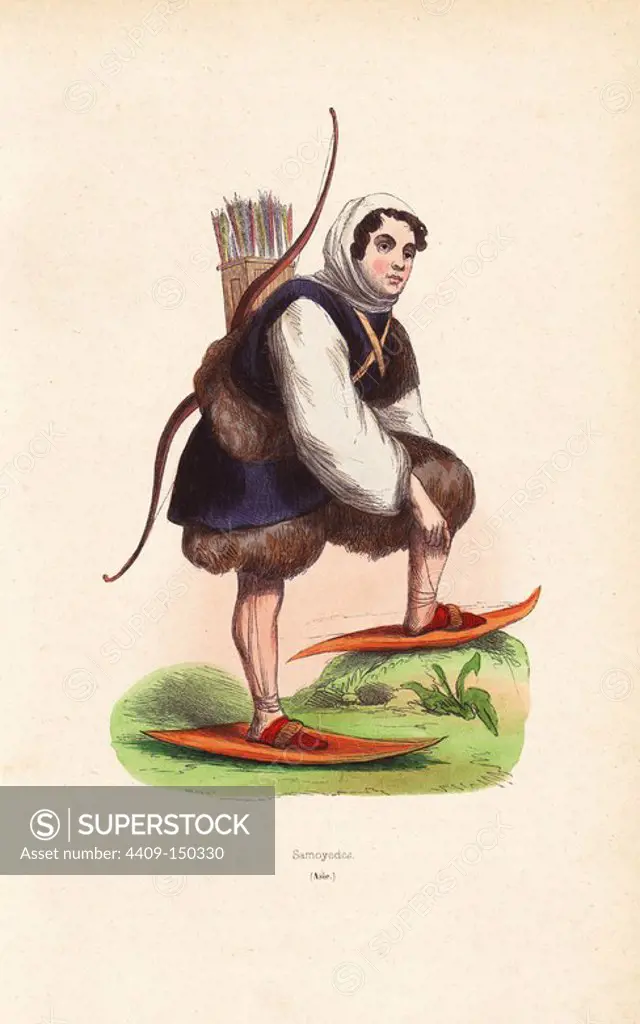Nenets man wearing fur clothes, shirt with hood, snow shoes and carrying a bow and quiver of arrows. Handcoloured woodcut by Mercier from Auguste Wahlen's "Moeurs, Usages et Costumes de tous les Peuples du Monde," Librairie Historique-Artistique, Brussels, 1845. Wahlen was the pseudonym of Jean-Francois-Nicolas Loumyer (1801-1875), a writer and archivist with the Heraldic Department of Belgium.