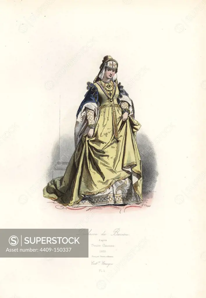 Duchess of Bavaria, after Josse Amman, 1500. Handcoloured steel engraving by Polydor Pauquet from the Pauquet Brothers' "Modes et Costumes Etrangers Anciens et Modernes" (Foreign Fashions and Costumes Ancient and Modern), Paris, 1865. Hippolyte (b. 1797) and Polydor Pauquet (b. 1799) ran a successful publishing house in Paris in the 19th century, specializing in illustrated books on costume, birds, butterflies, anatomy and natural history.