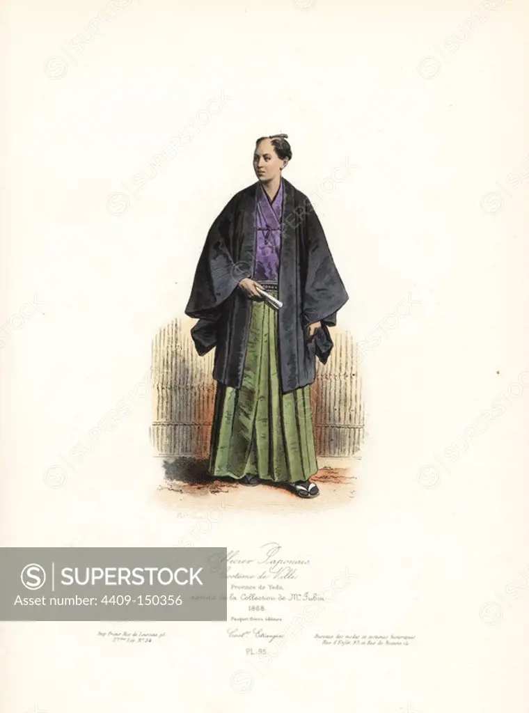 Japanese officer, town costume, province of Yedo (Tokyo), from the collection of Mr. Jubin, 1868. Handcoloured steel engraving by Polydor Pauquet from the Pauquet Brothers' "Modes et Costumes Etrangers Anciens et Modernes" (Foreign Fashions and Costumes Ancient and Modern), Paris, 1865. Hippolyte (b. 1797) and Polydor Pauquet (b. 1799) ran a successful publishing house in Paris in the 19th century, specializing in illustrated books on costume, birds, butterflies, anatomy and natural history.