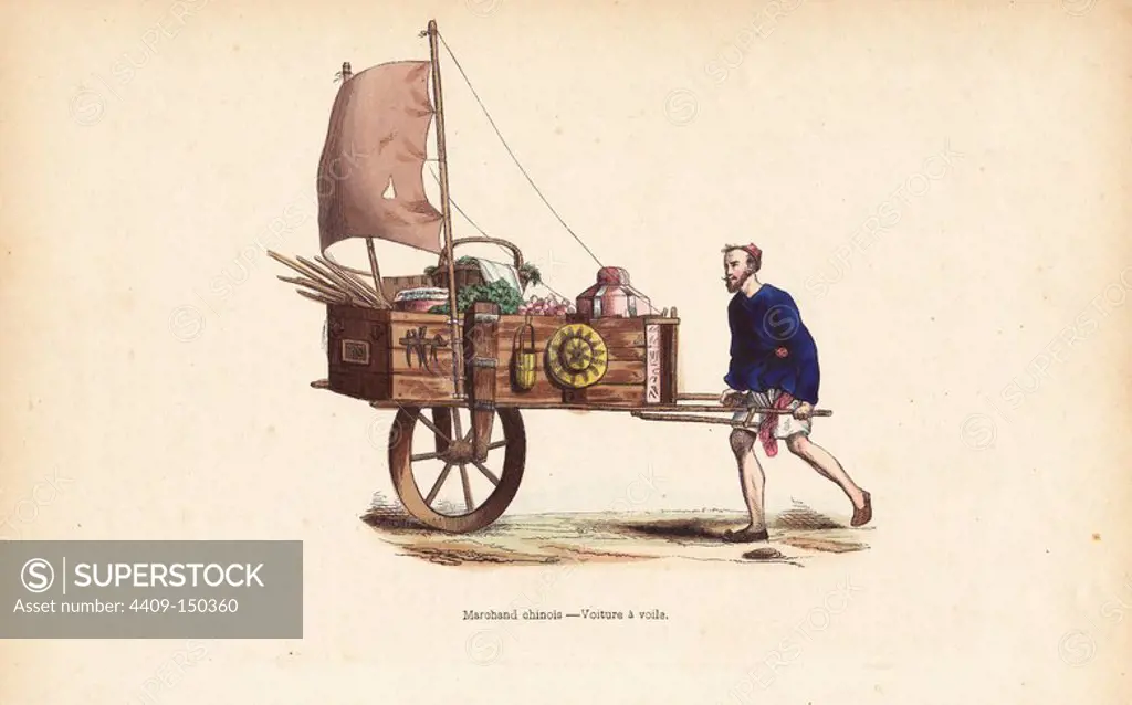 Chinese merchant moving his wares including vegetables in a hand-drawn wagon with a sail. Handcoloured woodcut by Pannemaker from Auguste Wahlen's "Moeurs, Usages et Costumes de tous les Peuples du Monde," Librairie Historique-Artistique, Brussels, 1845. Wahlen was the pseudonym of Jean-Francois-Nicolas Loumyer (1801-1875), a writer and archivist with the Heraldic Department of Belgium.