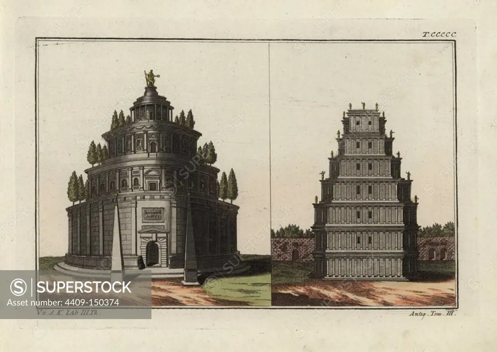 Tomb of Augustus with fir trees, and tomb of Septimius Severus. Handcoloured copperplate engraving by Paul Weindl from Robert von Spalart's "Historical Picture of the Costumes of the Principal People of Antiquity and of the Middle Ages," Chez Collignon, Metz, 1810.