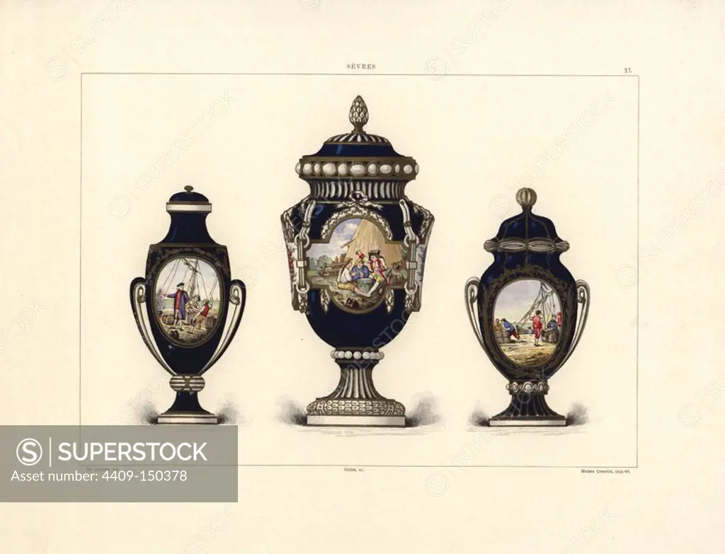 Semi-oval extended (allonge) vase with nautical scene, vase with four pastoral and botanical paintings (cartels), and oval vase with nautical scene. Chromolithograph by Gillot of an illustration by Edouard Garnier from The Soft Paste Porcelain of Sevres, Maison Quantin, Paris, 1891.