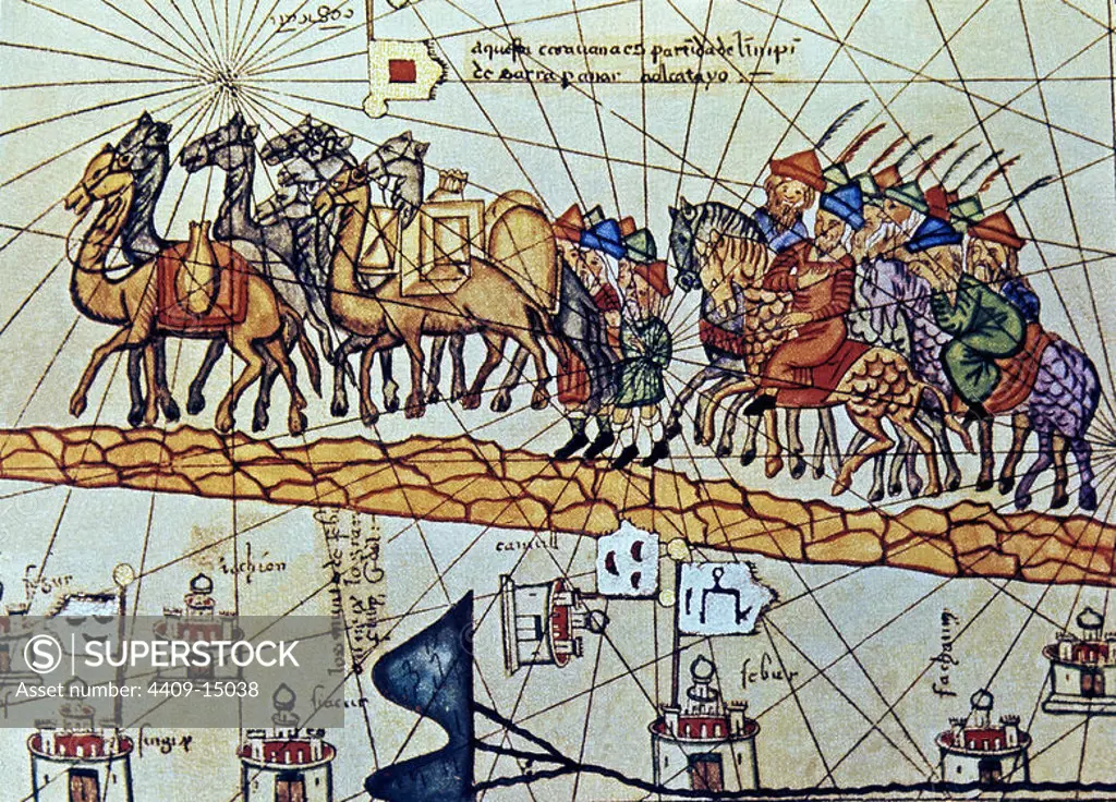 ATLAS CATALAN - DETALLE DE CARAVANA - AÑO 1375. Author: ABRAHAM CRESQUES (1325-1387). Location: NATIONAL LIBRARY. France.