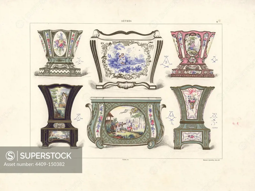 Flower pots or jardinieres: owned by Edouard Andre 1760, decorated by Vieillard 1754, owned by Baron Alphonse de Rothschild 1752, decorated by Vieillard 1759, painted by Charles-Nicolas Dodin 1760, painted by Bulidon 1764. Chromolithograph by Gillot of an illustration by Edouard Garnier from The Soft Paste Porcelain of Sevres, Maison Quantin, Paris, 1891.