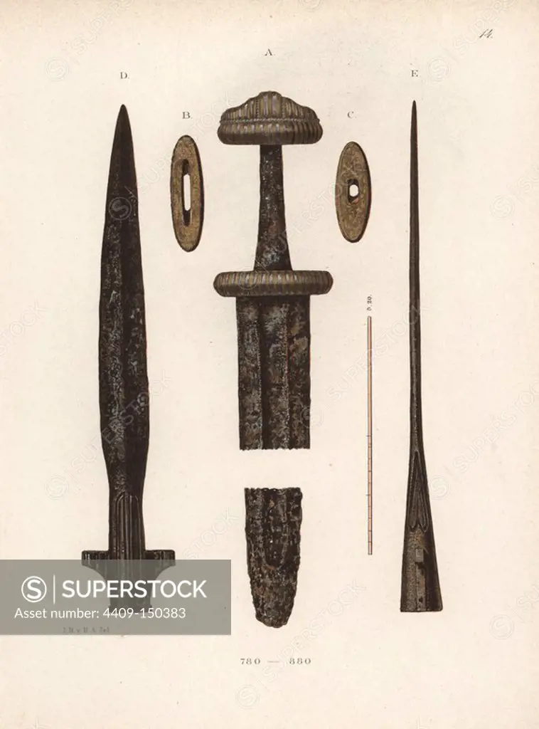Sword and lance head from the 9th century. Chromolithograph from Hefner-Alteneck's "Costumes, Artworks and Appliances from the Middle Ages to the 17th Century," Frankfurt, 1879. Illustration by Dr. Jakob Heinrich von Hefner-Alteneck and published by Heinrich Keller. Hefner-Alteneck (1811 - 1903) was a German museum curator, archaeologist, art historian, illustrator and etcher.