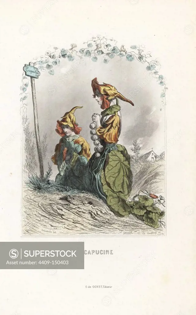 Garden nasturtium flower fairies, Tropaeolum majus, kneeling in prayer before a grave in dresses of leaves and flower bonnets with rosary of fruit. Handcoloured steel engraving by C. Geoffrois after an illustration by Jean Ignace Isidore Grandville from "Les Fleurs Animees," Paris, Gabriel de Gonet, 1847.