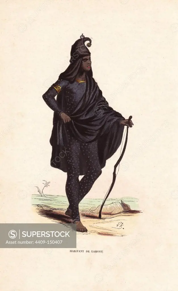 Man of Lahore (Punjab) in black suit, turban and cape, carrying a bow. Handcoloured woodcut by SB from Auguste Wahlen's "Moeurs, Usages et Costumes de tous les Peuples du Monde," Librairie Historique-Artistique, Brussels, 1845. Wahlen was the pseudonym of Jean-Francois-Nicolas Loumyer (1801-1875), a writer and archivist with the Heraldic Department of Belgium.