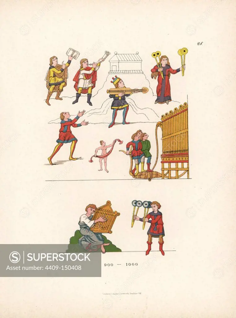 A king playing a zither, a man playing a horn, three men on a bellows organ, etc., from an illuminated psalter on parchment in Stuttgart library, 10th century. Chromolithograph from Hefner-Alteneck's "Costumes, Artworks and Appliances from the Middle Ages to the 17th Century," Frankfurt, 1879. Illustration by Dr. Jakob Heinrich von Hefner-Alteneck and published by Heinrich Keller. Hefner-Alteneck (1811 - 1903) was a German museum curator, archaeologist, art historian, illustrator and etcher.