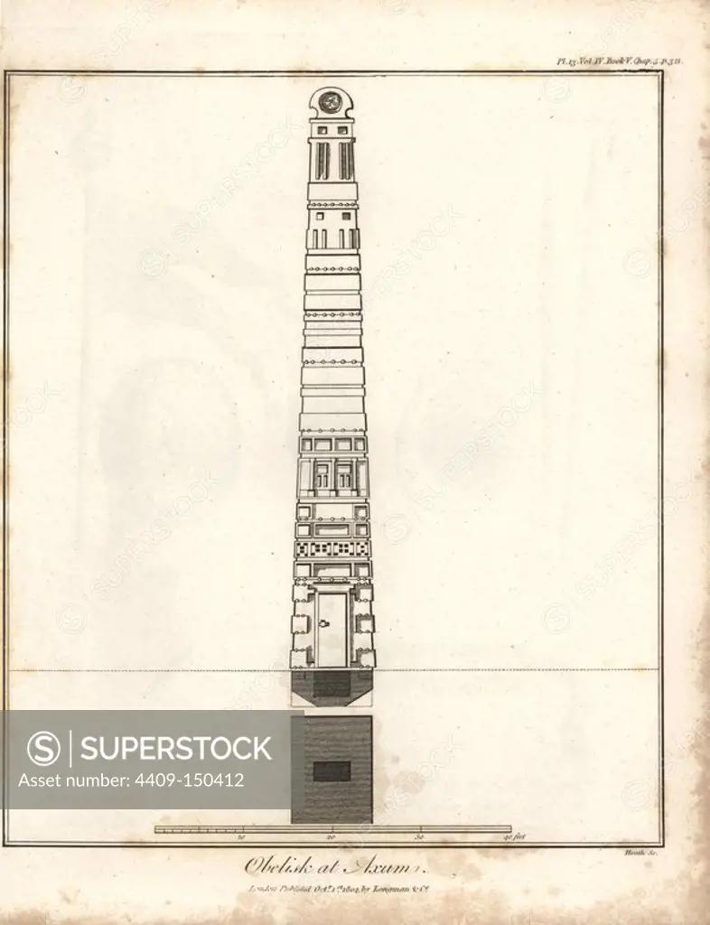 Obelisk at Axum, Ethiopia. Copperplate engraving from James Bruce's "Travels to Discover the Source of the Nile, in the years 1768, 1769, 1770, 1771, 1772 and 1773," London, 1790. James Bruce (1730-1794) was a Scottish explorer and travel writer who spent more than 12 years in North Africa and Ethiopia. Engraved by Heath after an original drawing by Bruce.