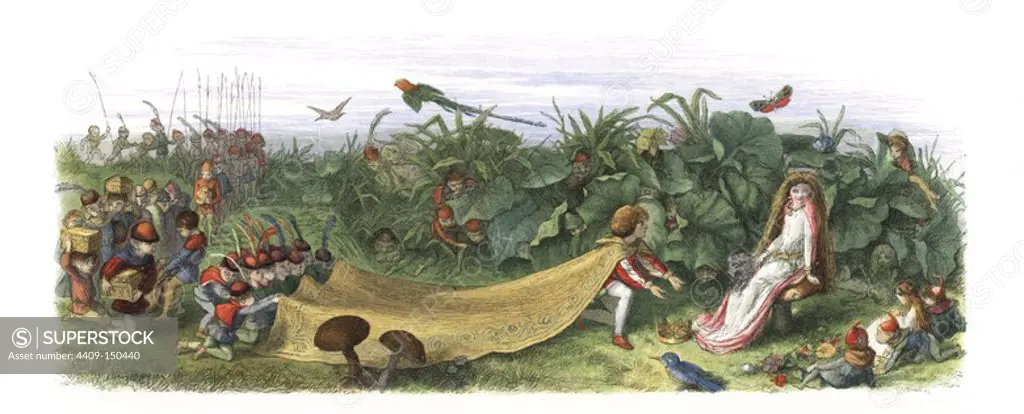 The elf prince offers a crown and other precious gifts to the wayward fairy. Handcoloured woodblock print by Edmund Evans after an illustration by Richard Doyle from In Fairyland, a series of Pictures from the Elf World, Longman, London, 1870.