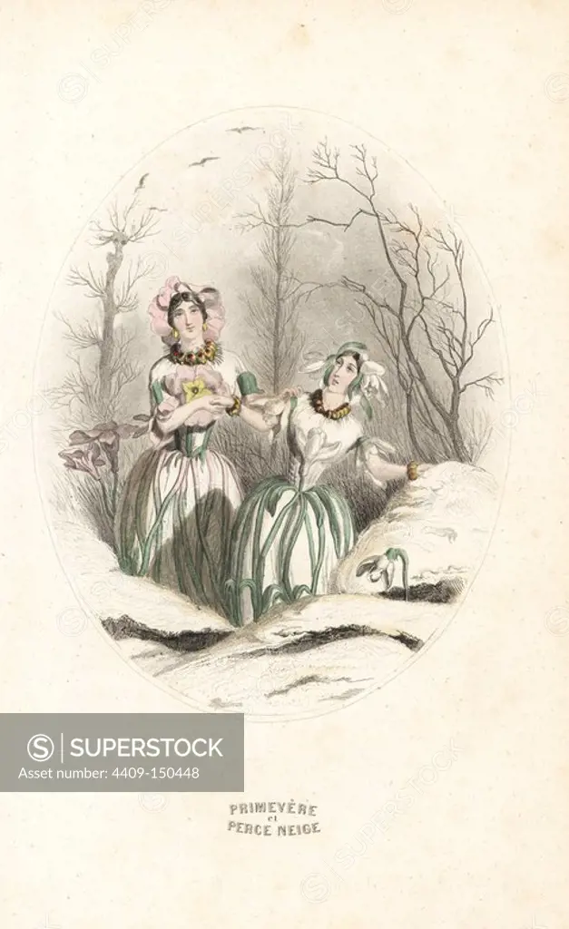 Snowdrop, Galanthus nivalis, and cowslip, Primula veris, flower fairies in bonnets and dresses of flowers and leaves in a winter landscape. Handcoloured steel engraving by C. Geoffrois after an illustration by Jean Ignace Isidore Grandville from "Les Fleurs Animees," Paris, Gabriel de Gonet, 1847.
