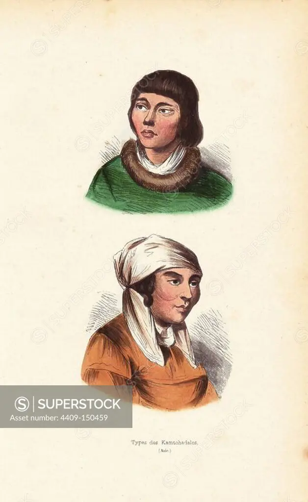 Portraits of two Kamtchadal women: one in fur-lined dress and one below in headdress. Handcoloured woodcut from Auguste Wahlen's "Moeurs, Usages et Costumes de tous les Peuples du Monde," Librairie Historique-Artistique, Brussels, 1845. Wahlen was the pseudonym of Jean-Francois-Nicolas Loumyer (1801-1875), a writer and archivist with the Heraldic Department of Belgium.