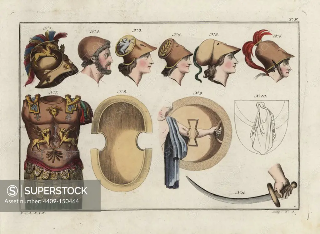Helmet and breastplate of King Pyrrhus (1, 7), helmet of Ulysses (2), Greek helmets (3-5), helmet with mentonierre chin-piece (7), Theban shield (8), shield of Argos (9), deployment of the chlamys war cloak (10) and sword of the Spartiates (11). Handcolored copperplate engraving from Robert von Spalart's "Historical Picture of the Costumes of the Principal People of Antiquity and of the Middle Ages," Metz, 1810.