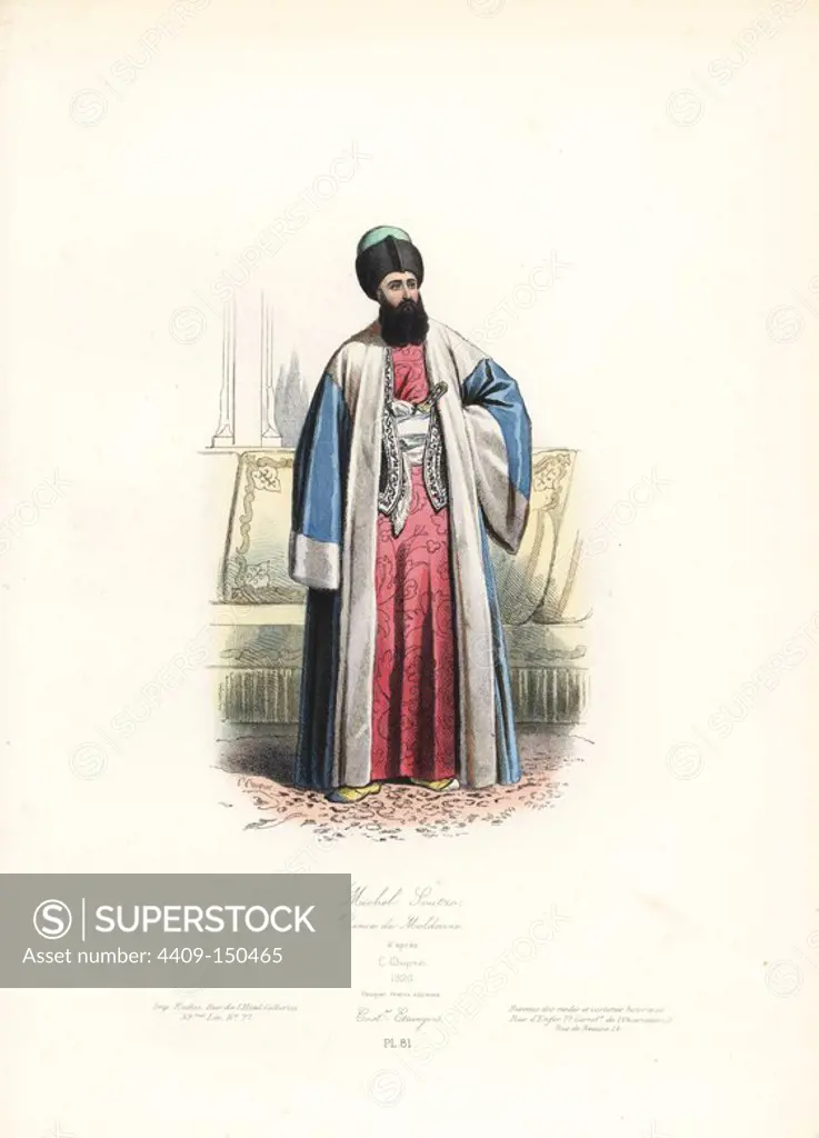 Michael Soutzos, Prince of Moldavia, 1820, after L. Dupre. Handcoloured steel engraving by Polydor Pauquet from the Pauquet Brothers' "Modes et Costumes Etrangers Anciens et Modernes" (Foreign Fashions and Costumes Ancient and Modern), Paris, 1865. Hippolyte (b. 1797) and Polydor Pauquet (b. 1799) ran a successful publishing house in Paris in the 19th century, specializing in illustrated books on costume, birds, butterflies, anatomy and natural history.