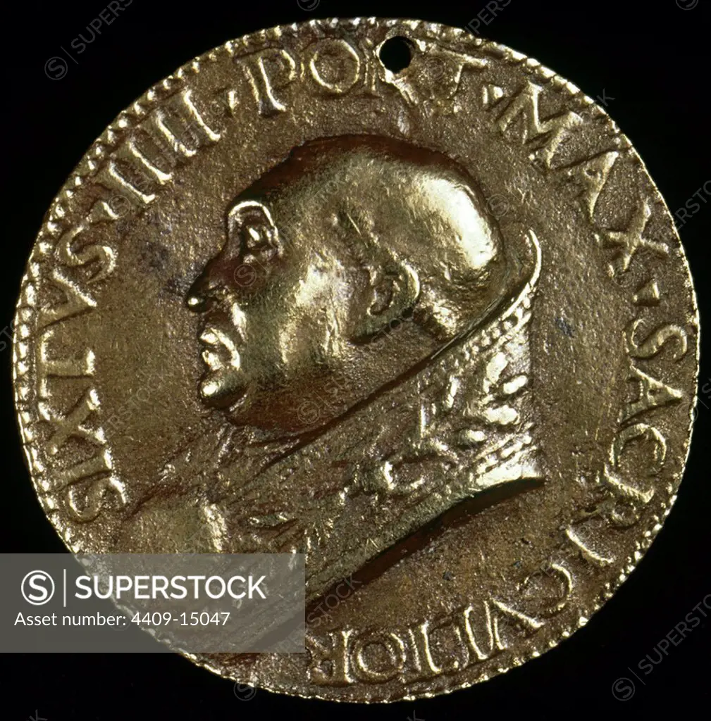 Medal representing Sixtus IV (Sisto IV), pope from 1471 to 1484. Madrid, Lazaro Galdiano museum. Author: LYSIPPUS. Location: MUSEO LAZARO GALDIANO-COLECCION. MADRID. SPAIN. SIXTO IV PAPA. ROVERE FRANCISCO MARIA DELLA.