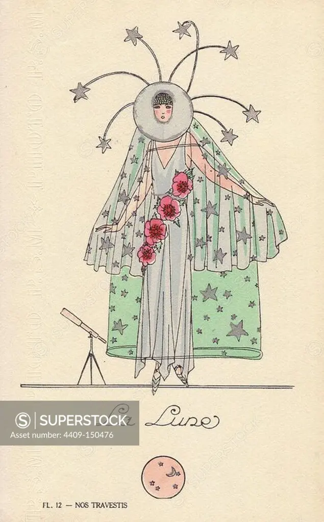 Woman in fancy dress called the moon (la lune) with hat with shooting stars, grey dress and veils of stars and roses. Lithograph by unknown artist with pochoir stencil handcolouring from "Nos Travestis" (Our Fancy Dress Costumes), Paris, 1928.