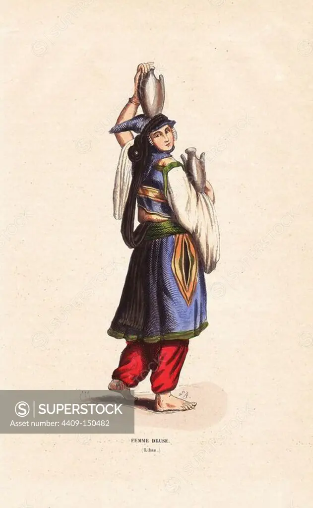 Druze woman of Lebanon wearing a tantour headdress with scarf, over skirts and trousers, carrying water jugs. Handcoloured woodcut by S.B. after an illustration by H. Hendrickx from Auguste Wahlen's "Moeurs, Usages et Costumes de tous les Peuples du Monde," Librairie Historique-Artistique, Brussels, 1845. Wahlen was the pseudonym of Jean-Francois-Nicolas Loumyer (1801-1875), a writer and archivist with the Heraldic Department of Belgium.