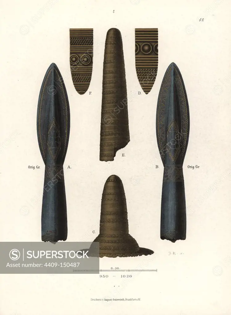 Spear head and gold shield buckle from 950-1020. Chromolithograph from Hefner-Alteneck's "Costumes, Artworks and Appliances from the Middle Ages to the 17th Century," Frankfurt, 1879. Illustration by Dr. Jakob Heinrich von Hefner-Alteneck, lithographed by Joh. Klipphahn and published by Heinrich Keller. Hefner-Alteneck (1811 - 1903) was a German museum curator, archaeologist, art historian, illustrator and etcher.