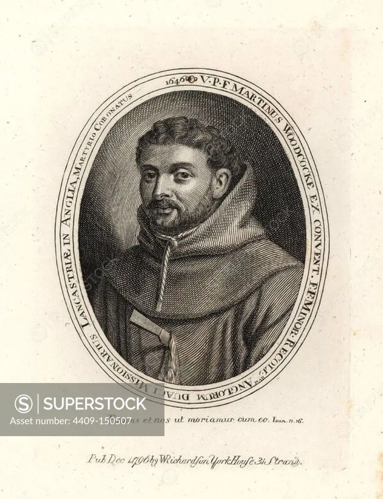 Martin Woodcock (John), Franciscan martyr, 1603-1646. Hanged at Bomber-Bridge in Lancashire. Depicted with a rope around his neck and a dagger in his chest. From a scarce print in the "Certamen Seraphicum." Copperplate engraving from Richardson's "Portraits illustrating Granger's Biographical History of England," London, 17921812. Published by William Richardson, printseller, London. James Granger (17231776) was an English clergyman, biographer, and print collector.