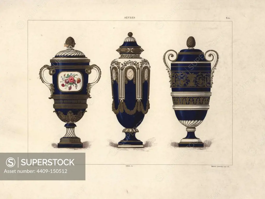Vase with roses sent by Louis XVI to Tippoo-Sahib 1788, vase with cameo portraits, and vase with frieze. Chromolithograph by Gillot of an illustration by Edouard Garnier from The Soft Paste Porcelain of Sevres, Maison Quantin, Paris, 1891.