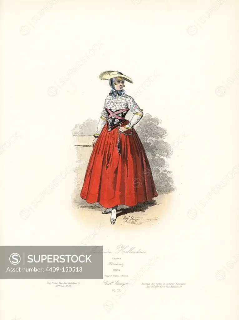 Woman gardener from Holland, after Koning, 1804. Handcoloured steel engraving by Hippolyte Pauquet from the Pauquet Brothers' "Modes et Costumes Etrangers Anciens et Modernes" (Foreign Fashions and Costumes Ancient and Modern), Paris, 1865. Hippolyte (b. 1797) and Polydor Pauquet (b. 1799) ran a successful publishing house in Paris in the 19th century, specializing in illustrated books on costume, birds, butterflies, anatomy and natural history.
