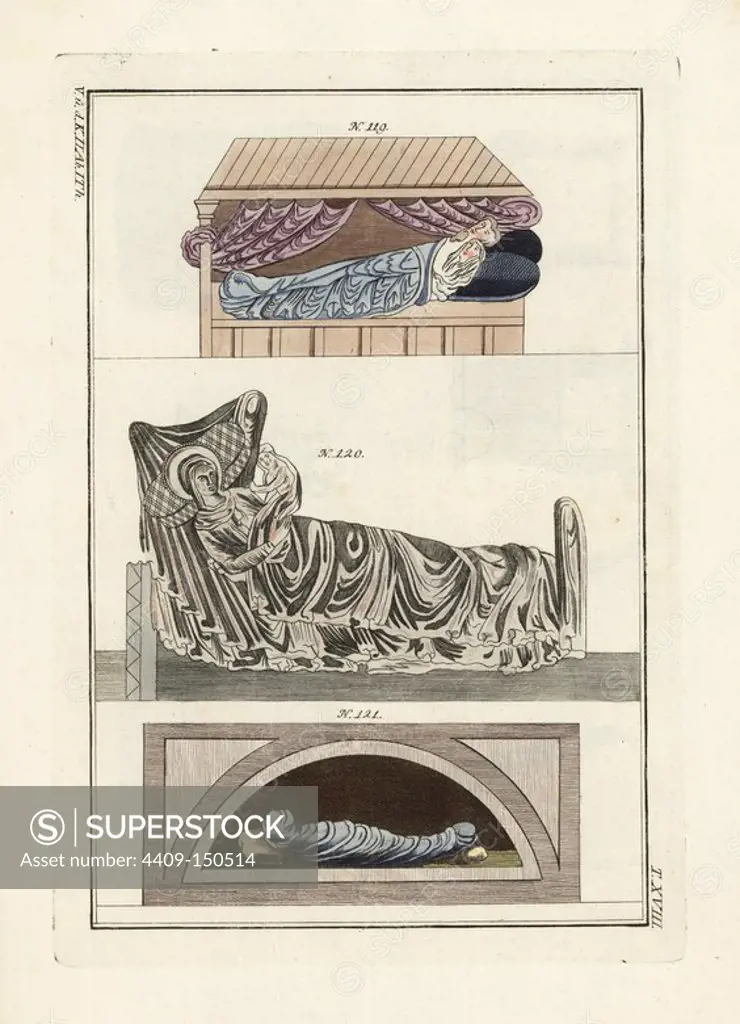 Anglo Saxon bed 119, Danish bed 120, and Anglo Saxon corpse in a shroud 121. Handcoloured copperplate engraving by Paul Weindl from Robert von Spalart's "Historical Picture of the Costumes of the Principal People of Antiquity and of the Middle Ages," Chez Collignon, Metz, 1810.
