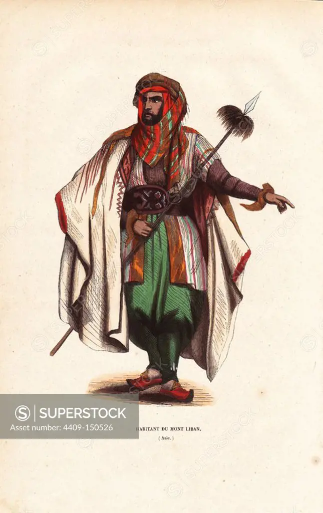 Mount Lebanese man wearing turban, headscarf, and cloak over pants and slippers, carrying a spear. Handcoloured woodcut from Auguste Wahlen's "Moeurs, Usages et Costumes de tous les Peuples du Monde," Librairie Historique-Artistique, Brussels, 1845. Wahlen was the pseudonym of Jean-Francois-Nicolas Loumyer (1801-1875), a writer and archivist with the Heraldic Department of Belgium.