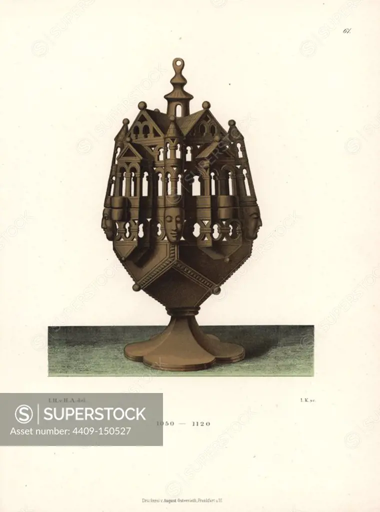 Censer in bronze from the 11th century. Chromolithograph from Hefner-Alteneck's "Costumes, Artworks and Appliances from the Middle Ages to the 17th Century," Frankfurt, 1879. Illustration by Dr. Jakob Heinrich von Hefner-Alteneck, lithographed by Joh. Klipphahn, and published by Heinrich Keller. Hefner-Alteneck (1811 - 1903) was a German museum curator, archaeologist, art historian, illustrator and etcher.