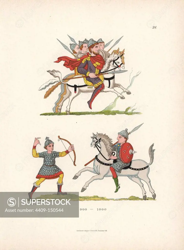 Battle scenes from the 10th century, from an illuminated psalter on parchment in Stuttgart library. Chromolithograph from Hefner-Alteneck's "Costumes, Artworks and Appliances from the Middle Ages to the 17th Century," Frankfurt, 1879. Illustration by Dr. Jakob Heinrich von Hefner-Alteneck and published by Heinrich Keller. Hefner-Alteneck (1811 - 1903) was a German museum curator, archaeologist, art historian, illustrator and etcher.