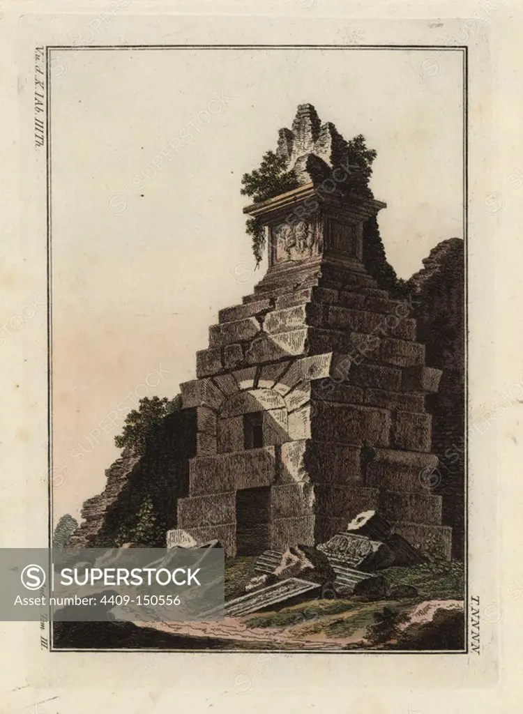 Ruins of an ancient Roman tomb. Handcoloured copperplate engraving from Robert von Spalart's "Historical Picture of the Costumes of the Principal People of Antiquity and of the Middle Ages," Chez Collignon, Metz, 1810.