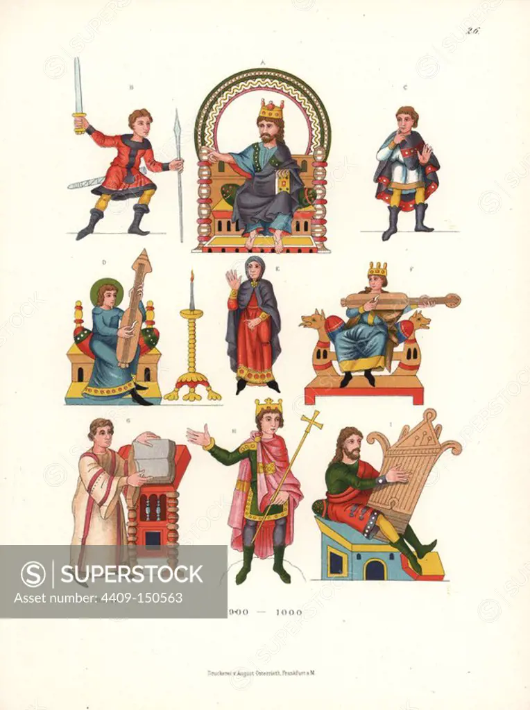 King on throne, man with lance and sword, woman playing lute, man playing zither, etc., from an illuminated psalter on parchment in Stuttgart library, 10th century. Chromolithograph from Hefner-Alteneck's "Costumes, Artworks and Appliances from the Middle Ages to the 17th Century," Frankfurt, 1879. Illustration by Dr. Jakob Heinrich von Hefner-Alteneck and published by Heinrich Keller. Hefner-Alteneck (1811 - 1903) was a German museum curator, archaeologist, art historian, illustrator and etcher.