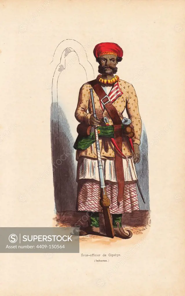 Indian sepoy officer in turban and jacket over skirts, with musket, dagger, and powderhorn. Handcoloured woodcut from Auguste Wahlen's "Moeurs, Usages et Costumes de tous les Peuples du Monde," Librairie Historique-Artistique, Brussels, 1845. Wahlen was the pseudonym of Jean-Francois-Nicolas Loumyer (1801-1875), a writer and archivist with the Heraldic Department of Belgium.