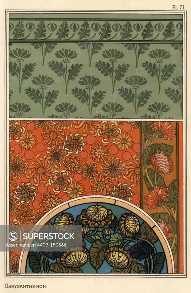 Chrysanthemum in art nouveau patterns for stained glass, wallpapers and fabrics. Lithograph by M. P. Verneuil with pochoir (stencil) handcoloring from Eugene Grasset's Plants and their Application to Ornament, Paris, 1897. Eugene Grasset (1841-1917) was a Swiss artist whose innovative designs inspired the art nouveau movement at the end of the 19th century.