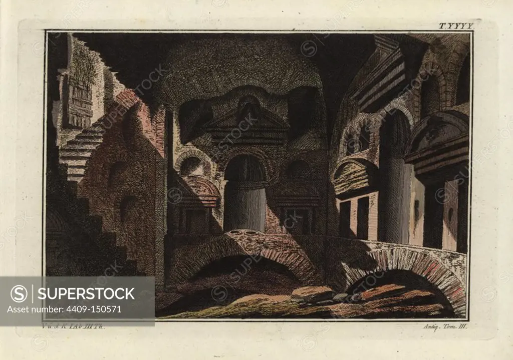Roman catacombs with staircase leading down to tombs. Handcoloured copperplate engraving from Robert von Spalart's "Historical Picture of the Costumes of the Principal People of Antiquity and of the Middle Ages," Chez Collignon, Metz, 1810.