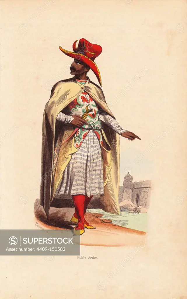 Arabian nobleman in large hat, cloak, embroidered robes, red stockings and slippers. Handcoloured woodcut by Pannemaker after an illustration by H. Hendrickx from Auguste Wahlen's "Moeurs, Usages et Costumes de tous les Peuples du Monde," Librairie Historique-Artistique, Brussels, 1845. Wahlen was the pseudonym of Jean-Francois-Nicolas Loumyer (1801-1875), a writer and archivist with the Heraldic Department of Belgium.