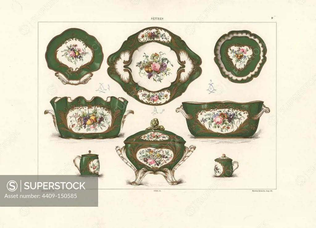 Crockery service of plates, tureens, bowls and cups with lids owned by Baron Alphonse de Rothschild with flowers painted by Dubois, Parpette, Merault Jr., 1760. Chromolithograph by Gillot of an illustration by Edouard Garnier from The Soft Paste Porcelain of Sevres, Maison Quantin, Paris, 1891.